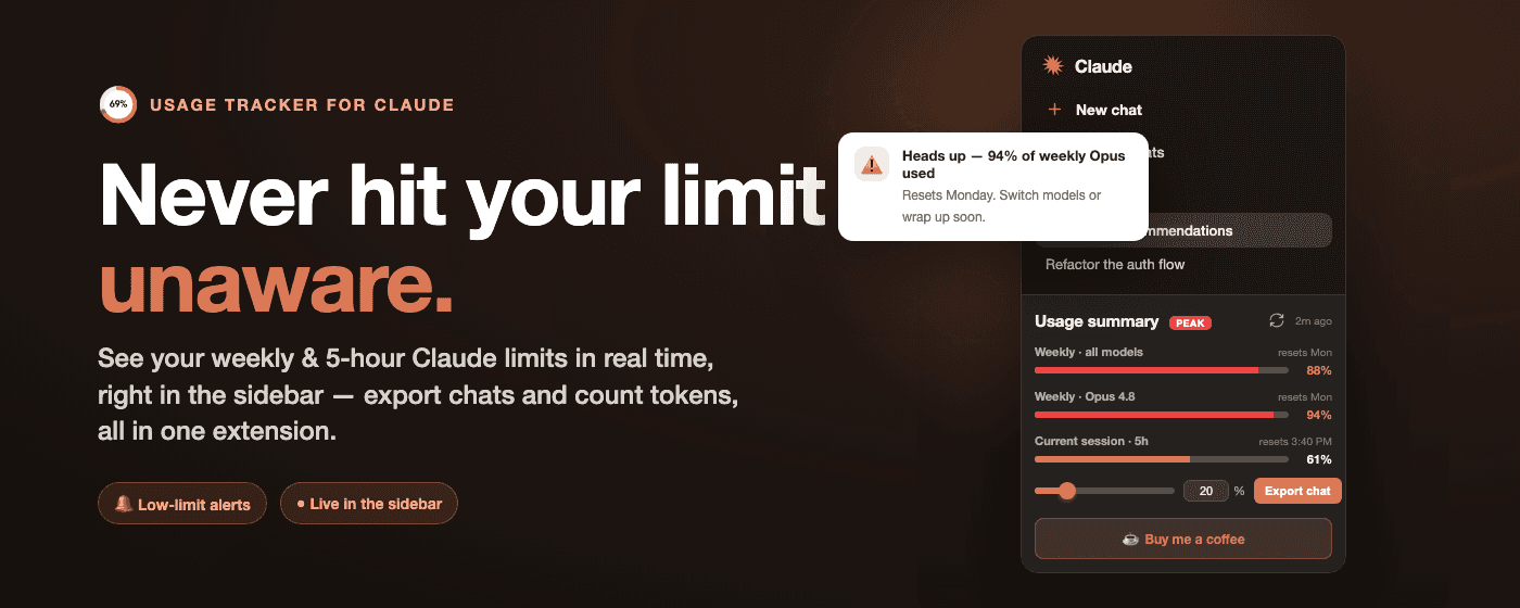 Real-time weekly and 5-hour Claude limits with a low-limit heads-up, shown in the sidebar
